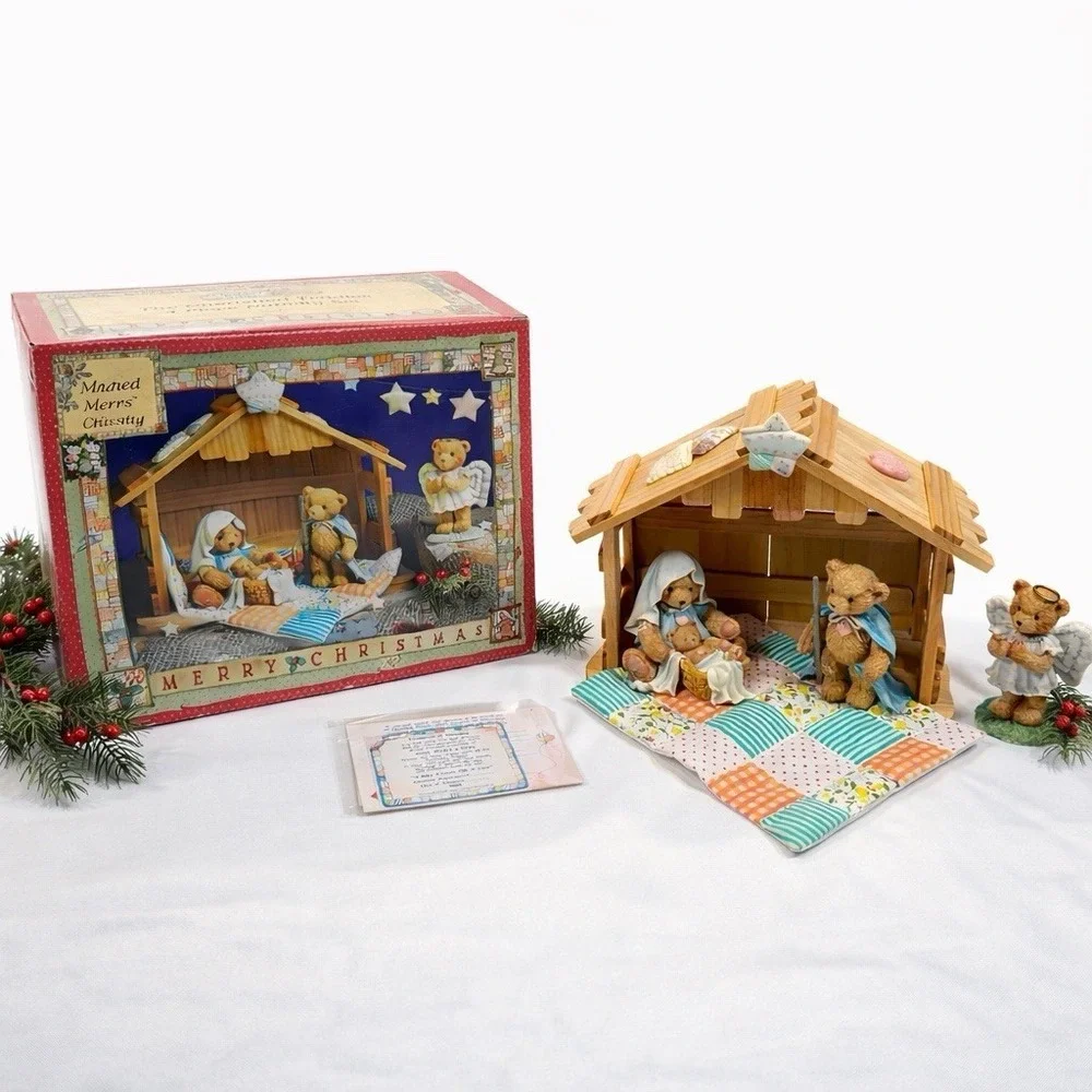 Vintage Enesco Cherished Teddies Nativity 4 Piece Set Stable‎ Figurines Box